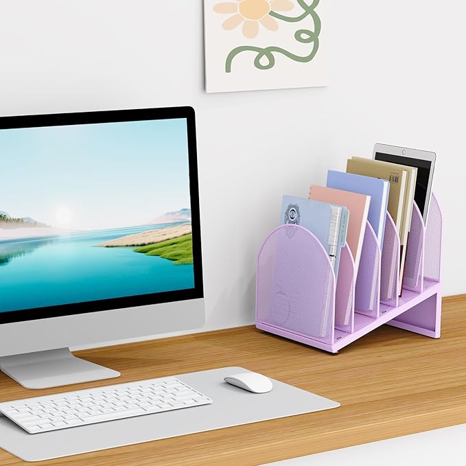 OUTIOE 5-Section Desk File Organizer, Metal Mesh Folder Organizer for Documents, Mail & Office Papers (Purple)