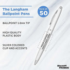 DISCOUNT PROMOS Custom Langham Ballpoint Ink Pen - Set of 50 Writing Pens for Work - Cool Pens for Writing, Black Ink, White