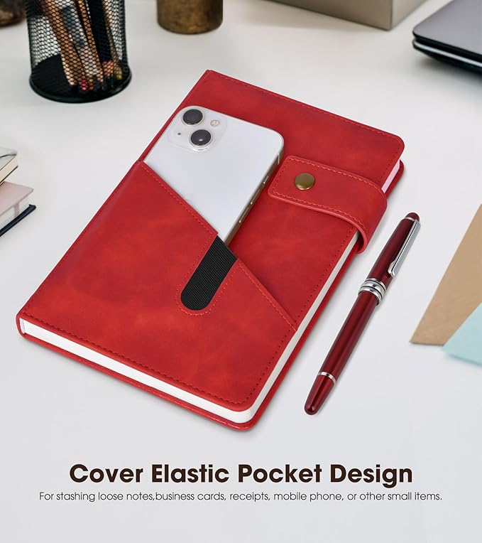 vfaejll Red A5 Lined Leather Journal Notebook for Men Women,5.9" X 8.4" Personalized Hardcover Journal with Pen,200 Pages 100 Gsm Thick Ruled Paper Daily Diary for Travel,Business,Work,Writing