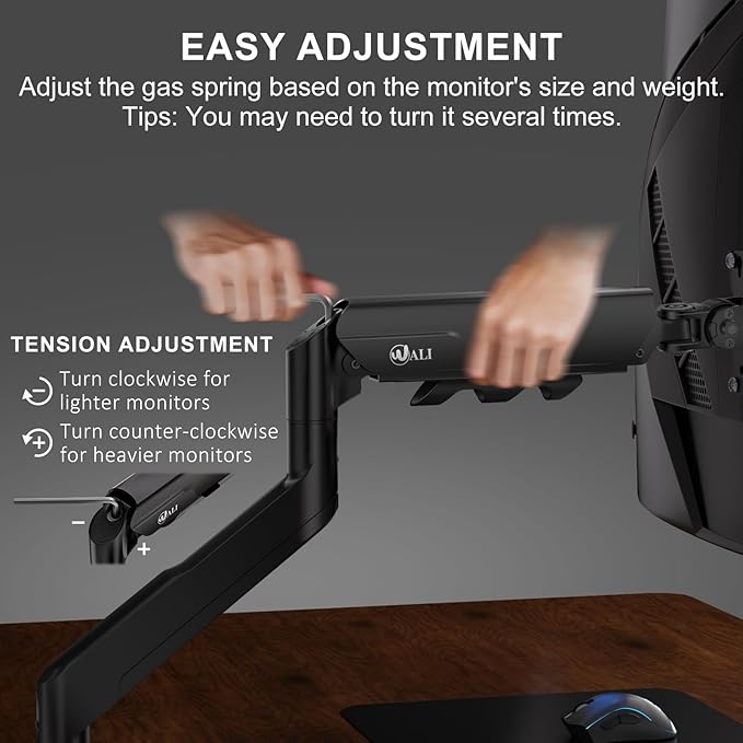 WALI Heavy Duty Single Monitor Arm for 17-49 Inch Flat Curved Ultrawide Screens, up to 33 Lbs, Adjustable Gas Spring Single Monitor Desk Mount for Home Office Gaming, VESA 75/100mm (GSM001XLN), Black