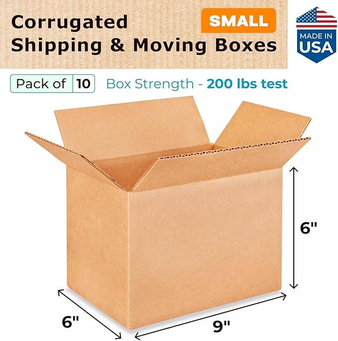 Small Moving & Shipping Boxes 9x6x6 inches (10-Pack) - Extra Strength 200 lb vs Regular - Corrugated Boxes for Packaging for USPS/FEDEX - Moving Box Heavy Duty - Cartons Box by IDL Packaging