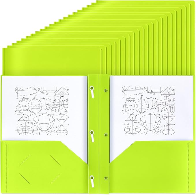 Lincia 100 Pcs Plastic Folders with Pockets and Prong Folders with Prongs 2 Pockets for Office, School for Students, Teachers, Office Workers(Fluorescent Green)