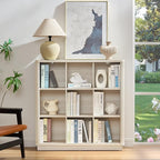 Joaxswe 9 Cube Storage Book Shelf, 41" Tall Organizer Bookcase with Curved Edge, Wood Floor Standing 3-Tier Cubby Bookshelf with Base, Vintage Display Book Case for Bedroom,Office,Grey-White Cream Oak