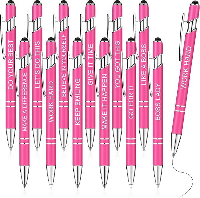Zonon 12 Pcs Inspirational Pens Bulk Funny Ballpoint Pen with Stylus Tip Motivational Gifts for Valentine's Day Teacher Coworkers Nurse School Office Supplies(Pink,Boss Lady)
