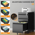 AFAIF 3 Drawer Mobile File Cabinet with Lock, Rolling Filing Cabinets for Home Office, Under Desk Small File Cabinet Three Drawers for Legal/Letter/A4 File, Black - Assembly Required