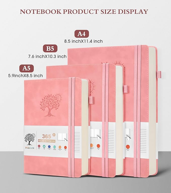 PERCUN A4 Lined Journal Notebook，365 Page Large Leather Journals for Writing Women Men，Hardcover Notebook with 100Gsm Thick Pages for Travel，Work，School，College Ruled, Daily Diary (8.5" x 11.4")