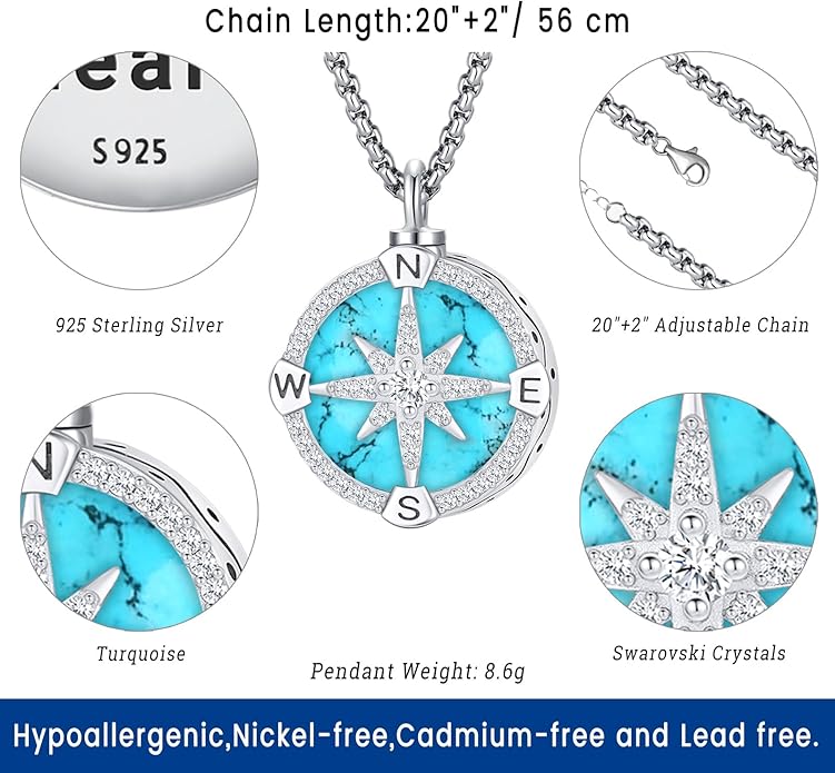 Compass Necklace for Women Men 925 Sterling Silver Pendant Urn Necklaces for Ashes Picture Locket Necklace Anchor Necklace Viking Necklace Crystals CZ Moonstone Abalone Shell Turquoise Compass Jewelry