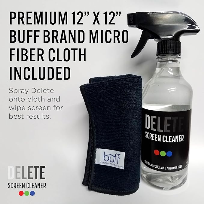 Delete Screen Cleaner 16oz Spray Bottle | Premium Streak-Free, Alcohol & Ammonia-Free Solution for All Devices | Gentle, Odorless & Easy to Use | Improves Visibility & Longevity of Screens