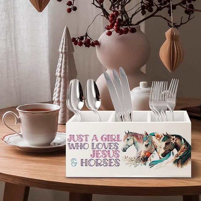 URLLUAE Horse Gifts for Girls Women Wooden Pen Pencil Holder for Office Desk Accessories, Western Cowgirl Gifts, Just a Girl Who Loves Jesus and Horse Makeup Brush Toothbrush Holder Organizer