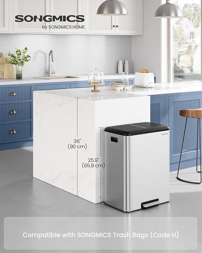 SONGMICS Trash Can, 2 x 8 Gallon (2 x 30 L) Double Garabge Can for Recycling and Waste, Stainless Steel, Soft-Close Lid, Inner Buckets, Wide Sturdy Pedal, Metallic Silver ULTB556E01