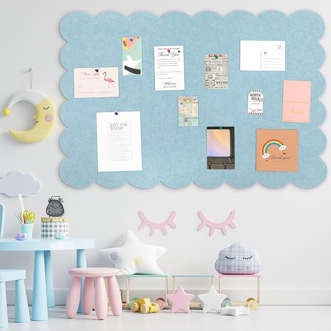 Mooliwe Scalloped Felt Bulletin Board 48 x 36 Inches Foldable Light Blue Pin Cork Board Alternative for Wall, 4' x 3' Trifold Picture Vision Self Adhesive Bulletin Decorative