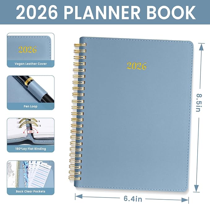 2026 Planner, Annecy Weekly ＆ Monthly Planner 2026, Jan. 2026 – Dec. 2026, 6.4" x 8.5" Monthly Agenda Planner with Tabs, Vegan Leather Cover, Spiral Binding, Double-sided Pocket, Bookmark, Grey Blue