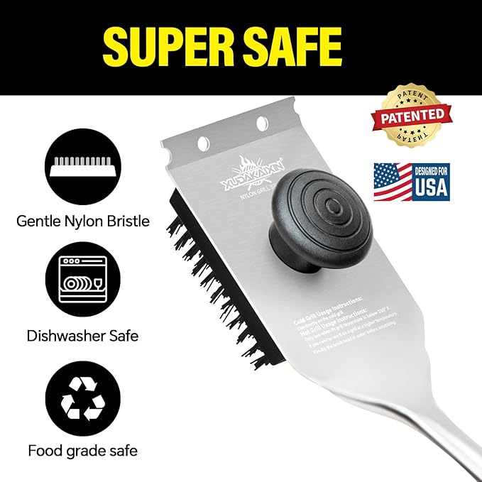 XUDAKAIXIN Grill Brush and Scraper, Dual Grip Design,Extra Strong BBQ Cleaner Accessories,Safe Nylon Bristles Barbecue Triple Scrubbers Cleaning Brush for Cast Iron Grates/Porcelain/Charcoal Grill