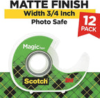 Scotch Magic Tape, 12 Rolls (2 x 6-Packs) Each with Dispenser, Invisible Matte Finish, Permanent Adhesive, 3/4 in x 350 in per Roll, Ideal for Home, School and Office