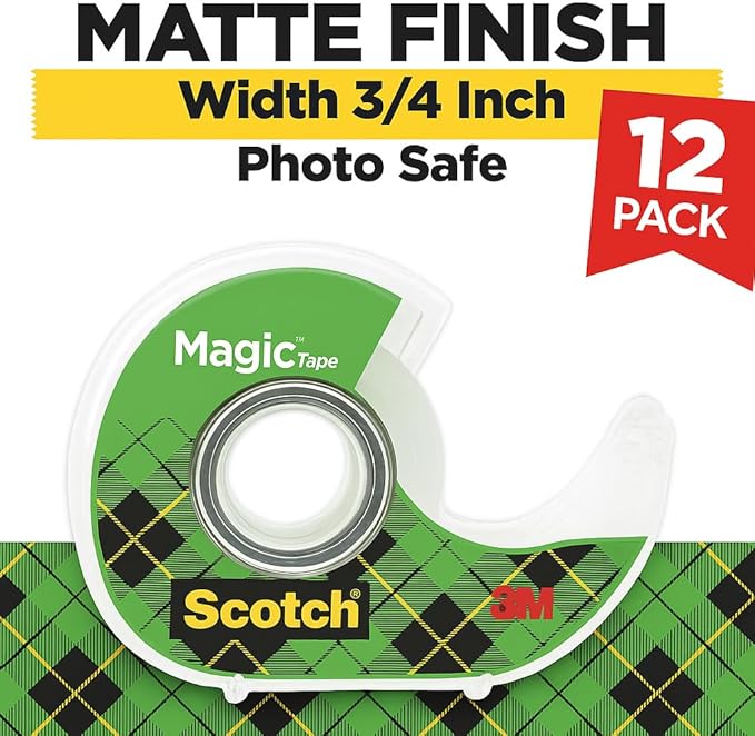 Scotch Magic Tape, 12 Rolls (2 x 6-Packs) Each with Dispenser, Invisible Matte Finish, Permanent Adhesive, 3/4 in x 350 in per Roll, Ideal for Home, School and Office