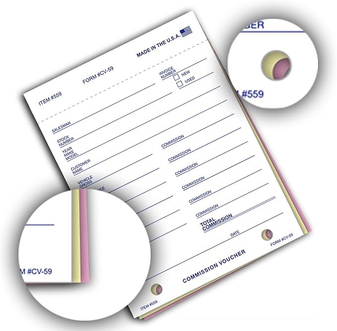 Commission Voucher Book CV-59-3 Part Carbonless Forms, Triplicate NCR Receipt Book, Snap-Out Pre-Punched with File Holes Commission Vouchers, Blue Ink, 4.25 x 5.625 Inch - Pack of 200