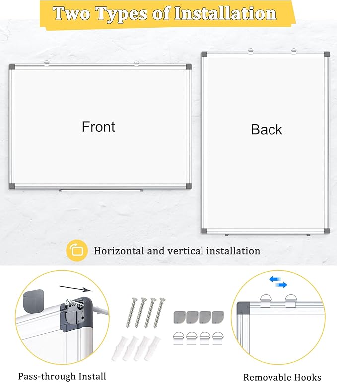 AMUSIGHT Double-Sided Magnetic Whiteboard, 24" x 18" Dry Erase Board Aluminum Frame for Wall, White Board Marker Board for Kitchen, Memo, School, Home, Office
