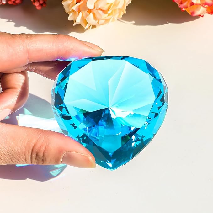 SWTHONY 60mm Crystal Diamond Paperweight Heart Shaped Glass Gems Big Fake Diamonds for Women Desk Nail Background for Pictures Wedding Centerpiece Lake Blue