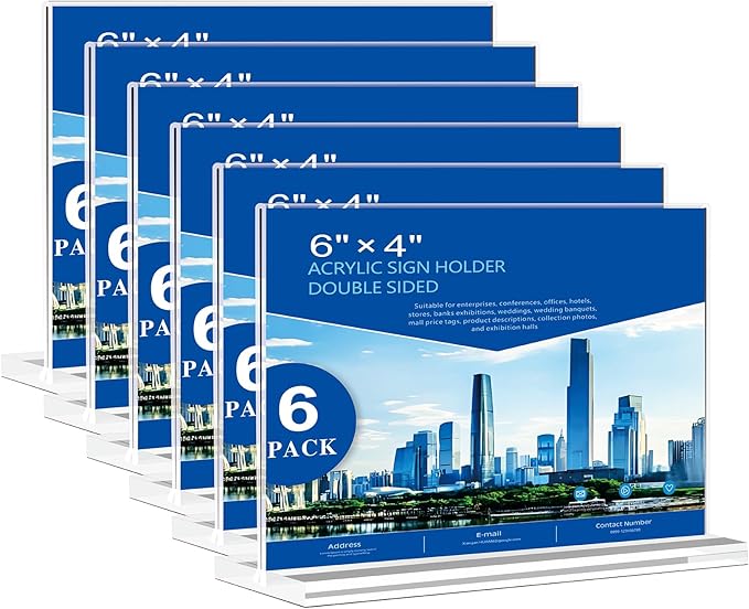 PUWTN Acrylic Sign Holder 6x4 - 6 Pack Clear Tabletop Sign Holder Horizontal Plastic Picture Frames, Double Sided T Shape Display Stand Vendor Booth Display Items for Store,Restaurants,Hotels,Office