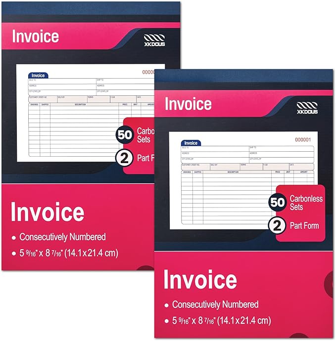 XKDOUS 2 Pack Invoice Book, 2-Part Carbonless, 5-9/16" x 8-7/16" Invoice Receipt Book for Small Business, 50 Sets per Book