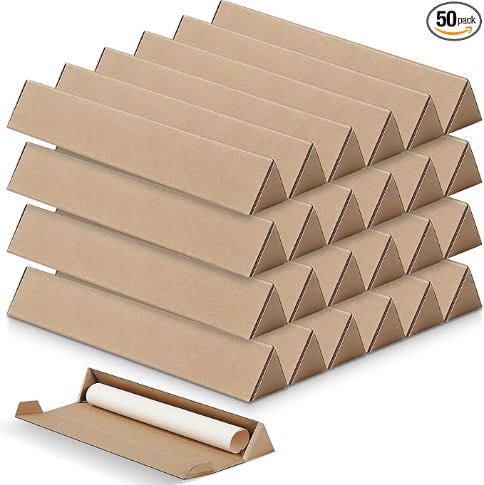 Tatuo 50 Pcs Triangle Mailing Tubes 18.25 L x 3 W x 3 H Corrugated Cardboard Box Poster Tube for Protecting, Shipping, Mailing and Storage of Blueprints, Artwork, Crafts, Long Art Holder(Brown)