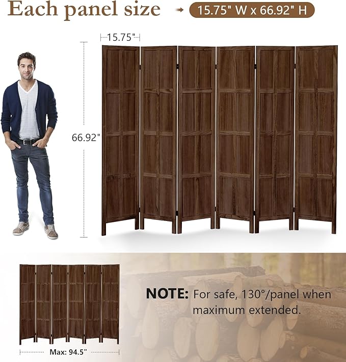 ALeesing 6 Panel Room Divider, 5.6Ft Wood Room Dividers and Folding Privacy Screens, Room Divider Wall Freestanding Room Partitions, Room Dividers Screen for Home Office Bedroom, Dark Brown