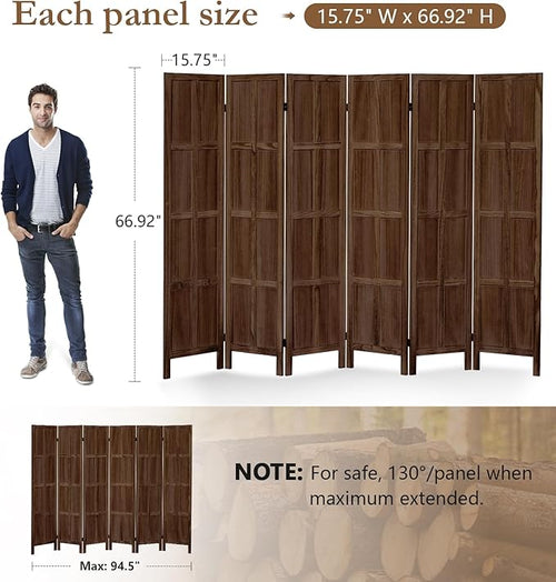 ALeesing 6 Panel Room Divider, 5.6Ft Wood Room Dividers and Folding Privacy Screens, Room Divider Wall Freestanding Room Partitions, Room Dividers Screen for Home Office Bedroom, Dark Brown