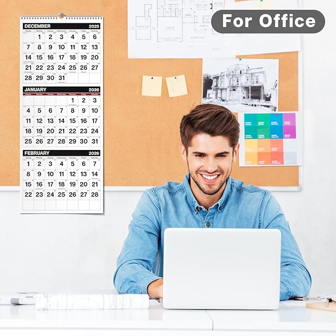 Dunwell 3-Month Wall Calendar 2026, Large Monthly Hanging Calendar with Big Bold Numbers, Easy to Read from a Distance, Use to Dec 2026, For Office or Home, 11x26 Open, Ships Folded