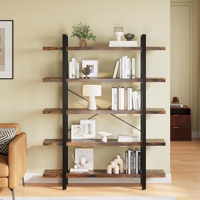 FURSUN Heavy Duty 5 Tier Bookcase, 70-in Tall Industrial Modern Large Bookshelf, Wood Farmhouse Bookcases Book Shelves and Metal Frame for Office, Bedroom, Living Room, Brown