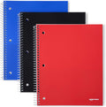 Amazon Basics Wide-Ruled Spiral Notebook with Pocket Divider, for School, Office and Work, 100 Sheets, 8" x 10.5", Assorted Primary Colors, 3-Pack