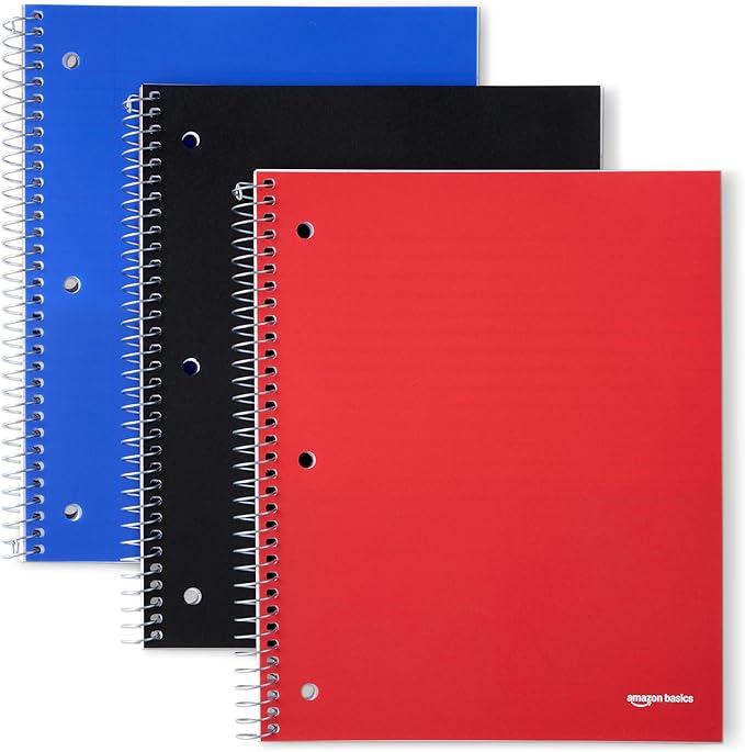 Amazon Basics Wide-Ruled Spiral Notebook with Pocket Divider, for School, Office and Work, 100 Sheets, 8" x 10.5", Assorted Primary Colors, 3-Pack