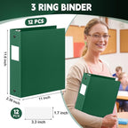 Henoyso 12 Pcs 3 Ring Binder 2 Inch Round Fits Letter Size 8.5'' x 11'' Paper Plastic Flexible Binder Bulk Holds 490 Sheets with 1 Pockets Versatile Organizer for Home Office School (Dark Green)