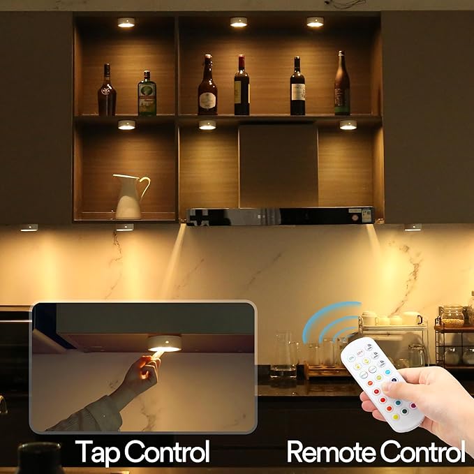 TECOMLIGHT Puck Lights with Remote Control, Battery Operated Wireless Under Cabinet Lighting, RGBCW Stick On Tap Lights for Kitchen, Shelf, 4 Pack - White