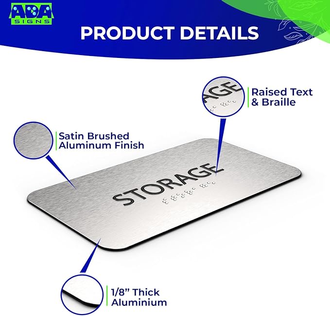ADASigns Storage Room Sign 7”x4” - Durable Brushed Aluminum with Grade 2 Braille - Easy Installation with Strong Adhesive Tape - ADA Compliant Storage Signs for Business, Restaurants & Offices