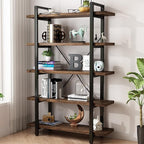 5-Tier Industrial Style Solid Wood Bookcase and Book Shelves,Rustic Wood and Metal Shelving Unit， Living Room,Modern Rustic Open Industrial Book Shelf Office,Distressed Brown (AY-02-5Tier)