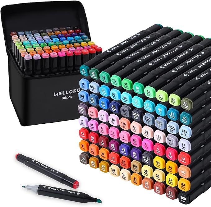 WELLOKB Alcohol Markers, 80 Colors Dual Brush Tip Permanent Art Markers, Coloring Marker, for Book Painting Card Making, Christmas gift for Adults Artists