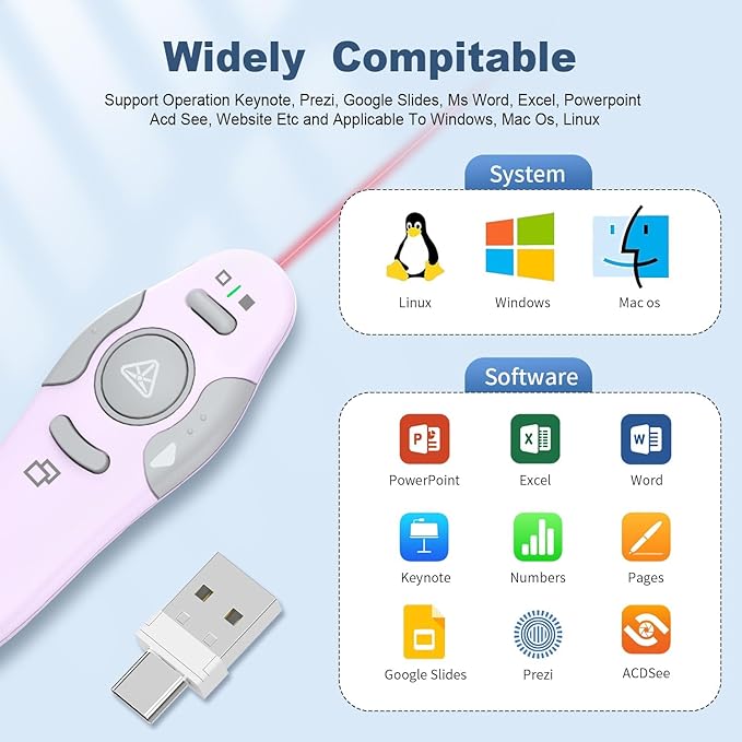 QUI Presentation Clicker Wireless Presenter Remote Clicker for PowerPoint Presentation Remote, PowerPoint Slide Advancer for Mac/Windows/Linux, Google Slide/PPT/Keynote, USB A&C, Purple