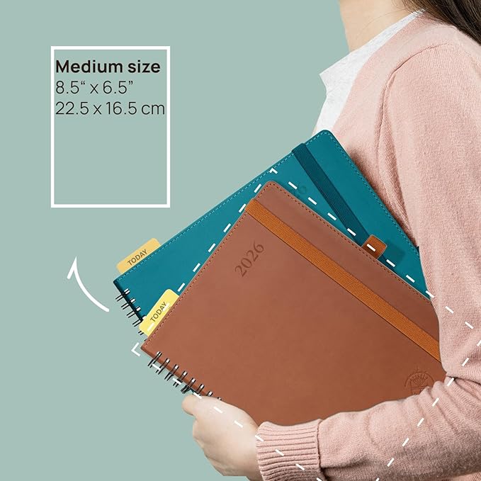 POPRUN Monthly Planner 2025-2026 Spiral Bound (6.5" x 8.5") 18 Months Calendar (Jul 2025 - Dec 2026) - 4 Pages per Month with Monthly Expense & Notes, Sunday Start, Leather Cover - Pacific Green
