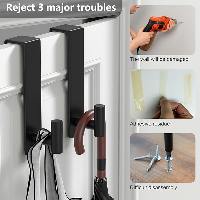 PMMASTO 2-Pack Over The Door Hooks - Rustproof Stainless Steel Door Hangers for 1-3/4 Inch Doors, Non-Marking and Tool-Free Easy Install (Black, T Shape-Fits 1-3/4" Thick Door)