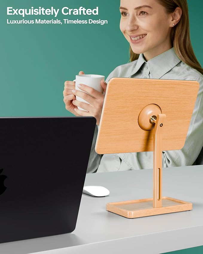 YEOUX Premium Desktop Glass Mirror, Dry Erase Board & Magnetic Phone Stand 3-in-1 | 360° Adjustable | Solid Wood | Compatible with Magsafe, Small Whiteboard for Office Home Desk