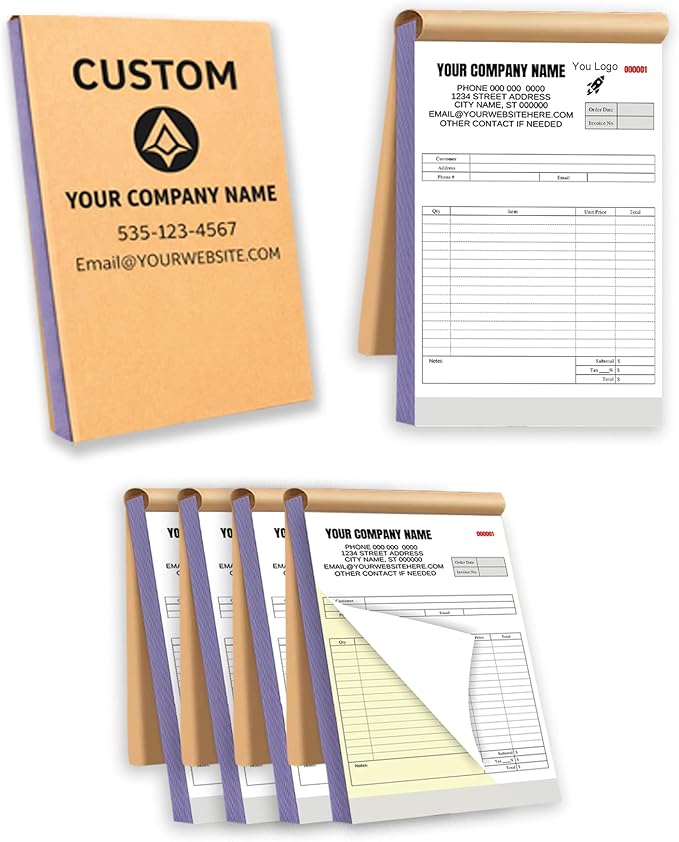 Custom Carbonless Invoice Book with Logo, Personalized Cover & Inner Pages, 2 Part NCR Receipt & Work Order Forms, Easy Tear, Writing Shield for Small Business (2-part [White/Yellow], 10.24*7.48INCH)