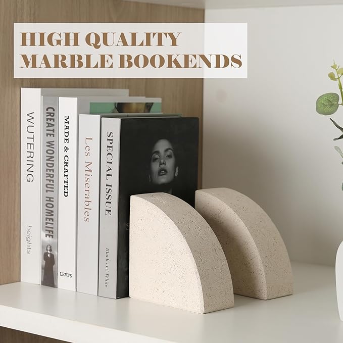 Karibiber Marble Bookend for Shelves, Non-Skid Bookends for Heavy Books, Heavy Duty Book Stopper for CDs, Luxury Book Shelf Holder, Quarter Circle Design Book Ends Decorative, Moleanos Beige, Set of 2