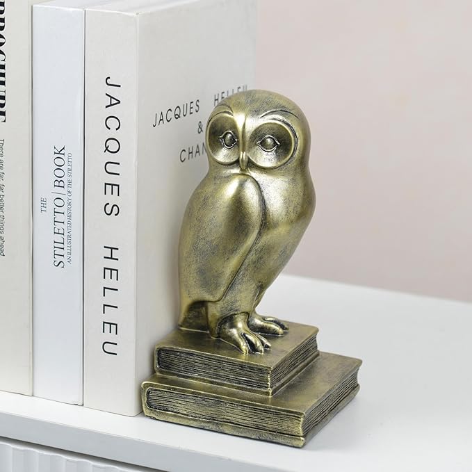 Kakizzy Vintage Gold Owl Bookends,Resin Animal Decorative Book Ends for Shelves,Book Holder with Anti-Slip Base,Luxurious Bird Bookends for Kids Rooms Office Home Decor,Unique Book Lover Gift