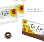 Artblox Personalized Office Desk Name Plate and Business Card Holder | Clear Acrylic Glass with Teak Wood Stand | Sunflowers Design Customized with Your Name and Credentials Office Desk Decor