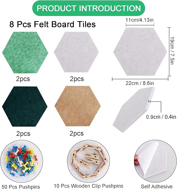 Vuzvuv 8 Pcs Hexagon Bulletin Board with 50 Pushpins & 10 Wooden Clip Pins Adhesive Cork Board for Wall，Felt Pin Board for School，Office Decor（Green Brown）