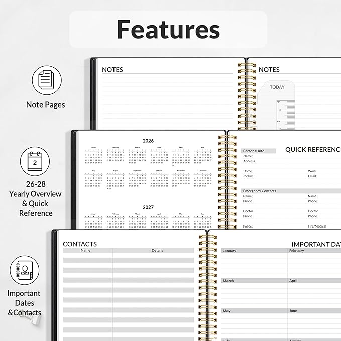 SUNEE 2026 Weekly and Monthly Planner - from January 2026 - December 2026, Daily Agenda Planner with Monthly Tab, Flexible Cover, Note Pages, Pockets, Bookmark, Spiral Binding, Black, 6.4" x 8.3"