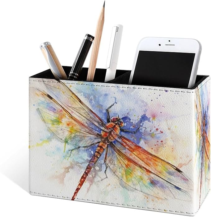 Famame Vintage Splash Dragonfly Pencil Holder for Desk, Leather Desktop Container Pen Cup Storage Study Table Pen Organizer Makeup Brushes Holder for Office Home