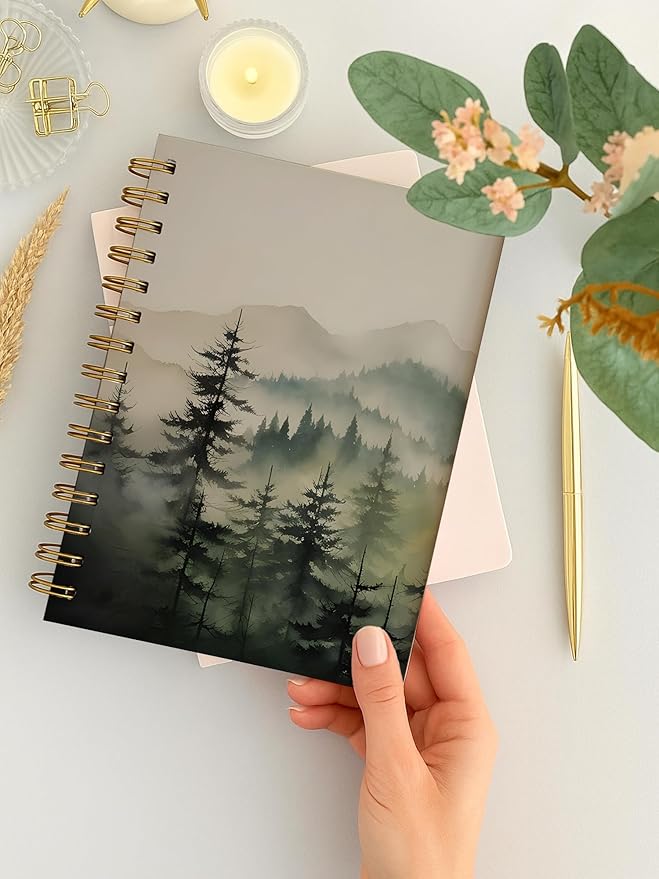 BitKan Nature Misty Forest Spiral Notebook, Rustic Pine Tree Journal, Green Forest Landscape Journal for Women, Nature Lovers Gifts for Women Notebook 5.5x8.3 Inch-392