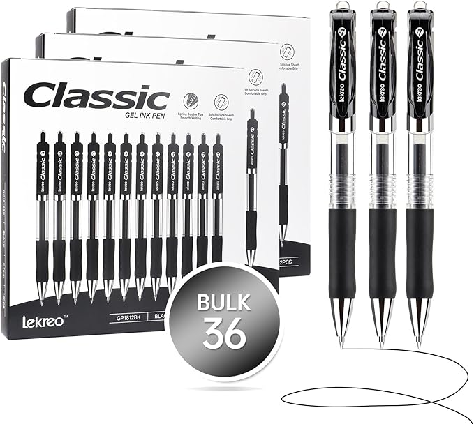 Lekreo Classic Retractable Gel Roller Pens, 0.7mm Fine Point Black Ink (Black - 36 Packs)