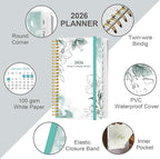 2026 Pocket Planner/Calendar - 2026 Planner from January 2026 - December 2026, Planner 2026 with 12 Tabs, Twin-Wire Binding, Inner Pocket, 3.75" x 6.75, Teal Flowers